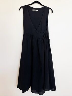 Creatures of Comfort Black 100% Linen Midi Wrap Dress